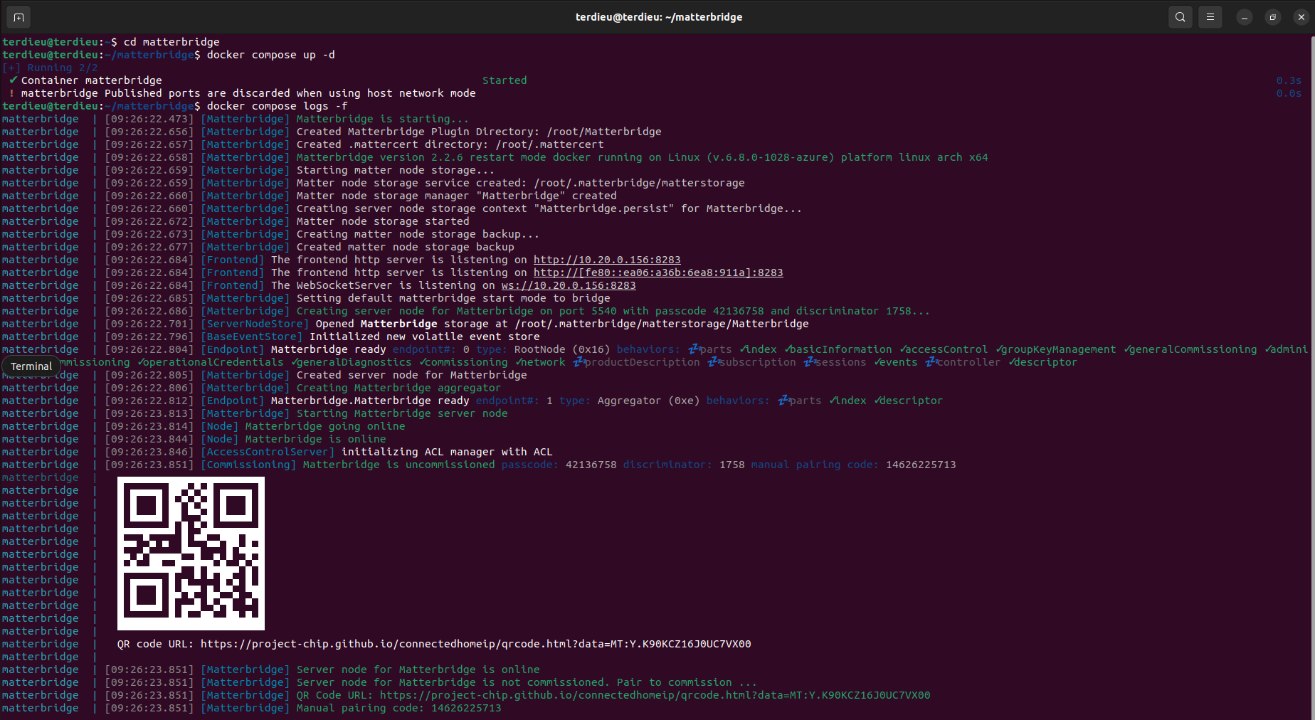 log excerpt showing ✔ Commissioned and the QR code