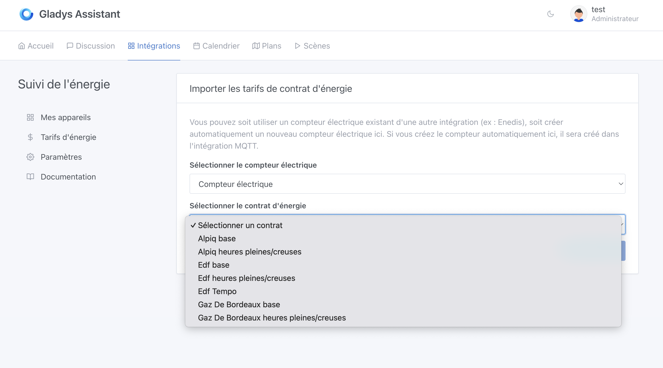Suivi de l'énergie création import prix